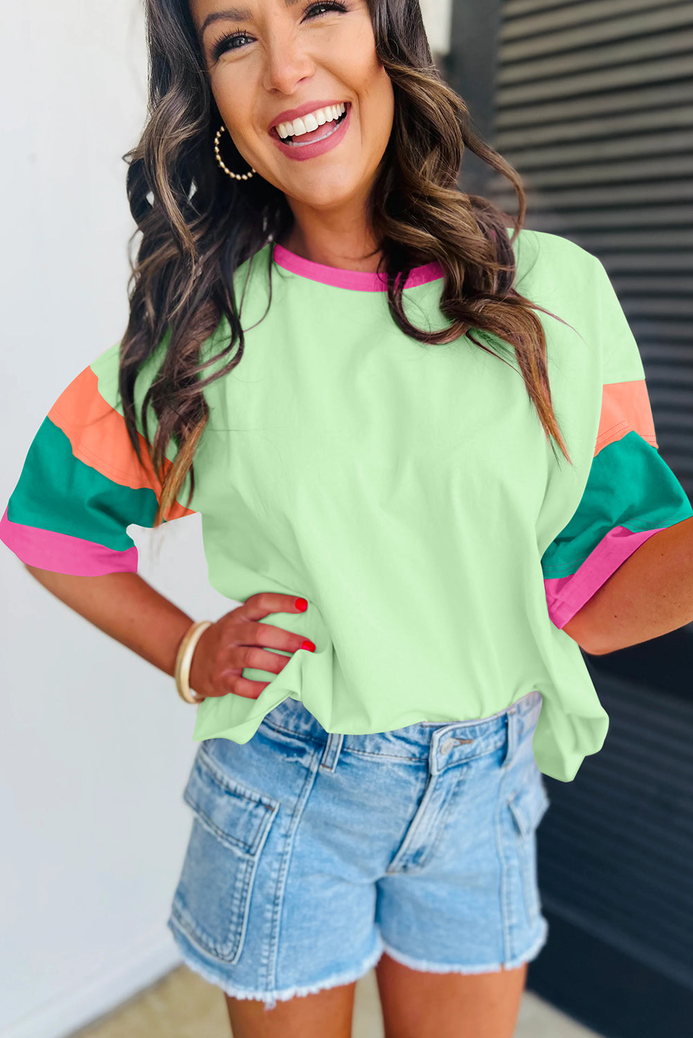 GREEN BRIGHT COLORBLOCK SHORT SLEEVE TOP