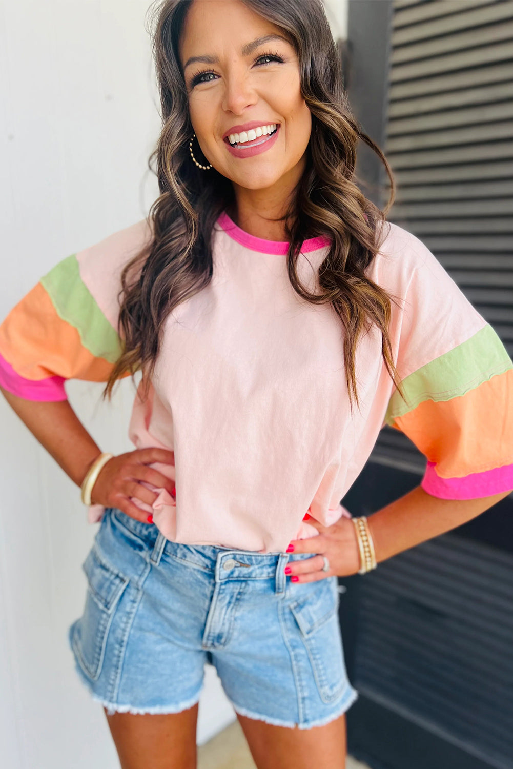 LIGHT PINK BRIGHT COLORBLOCK SHORT SLEEVE TOP