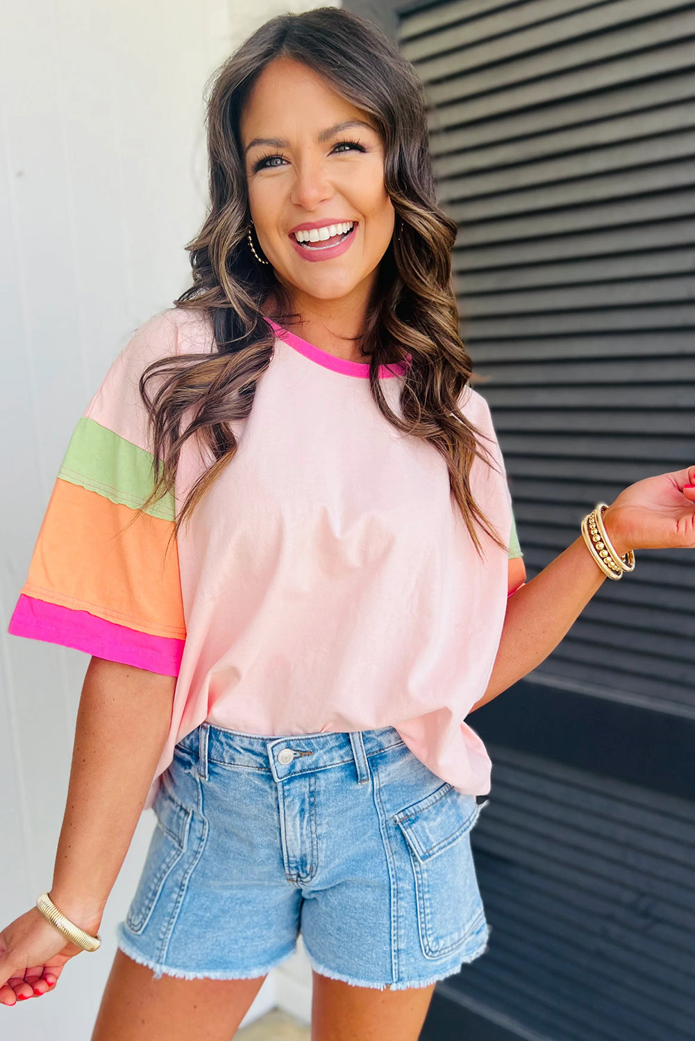 LIGHT PINK BRIGHT COLORBLOCK SHORT SLEEVE TOP
