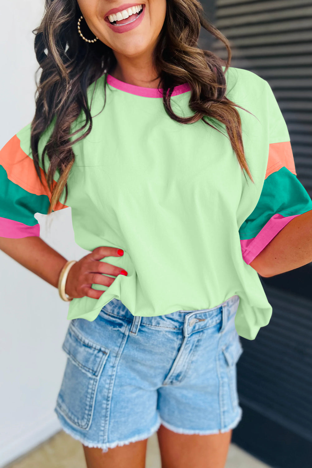 GREEN BRIGHT COLORBLOCK SHORT SLEEVE TOP
