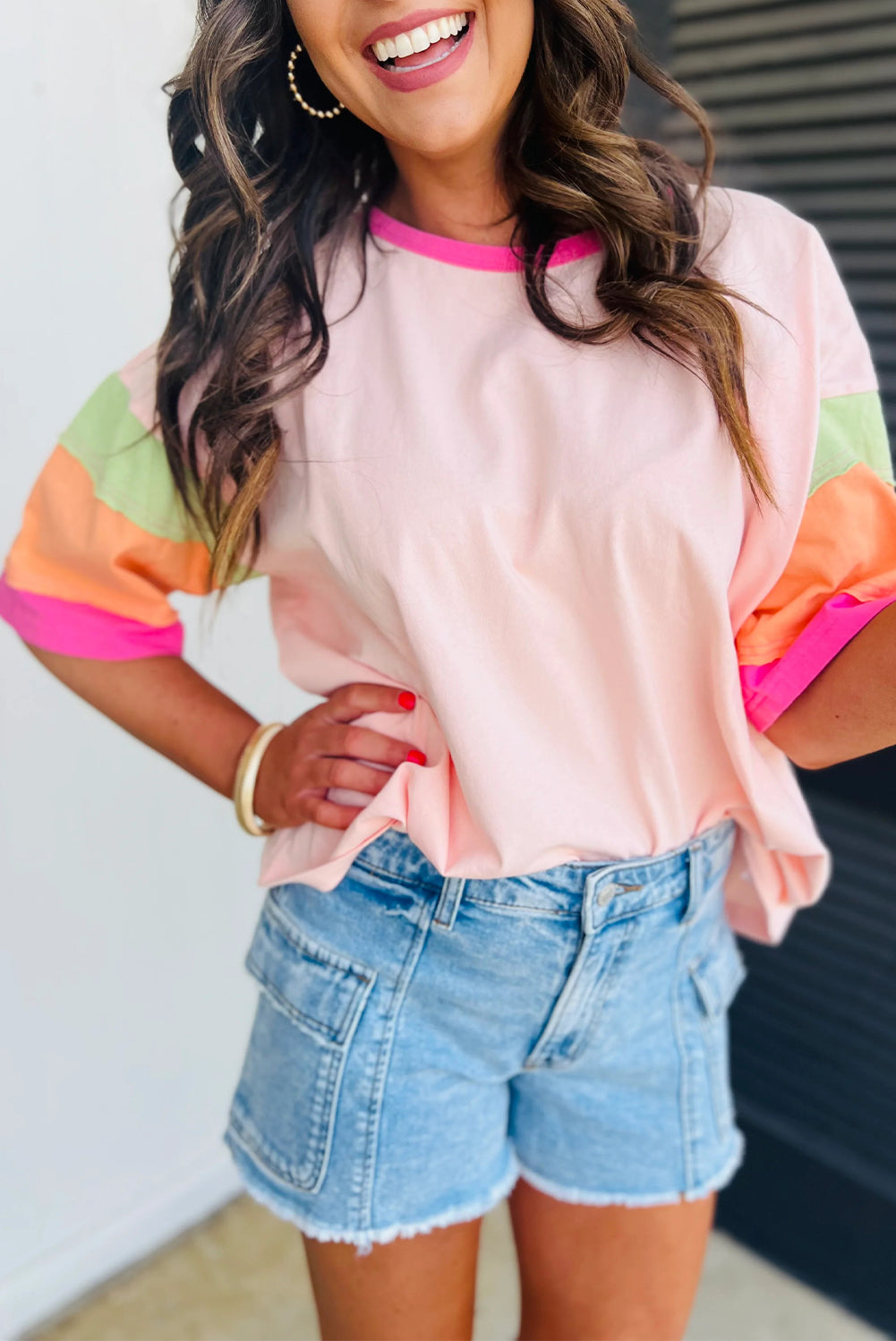 LIGHT PINK BRIGHT COLORBLOCK SHORT SLEEVE TOP
