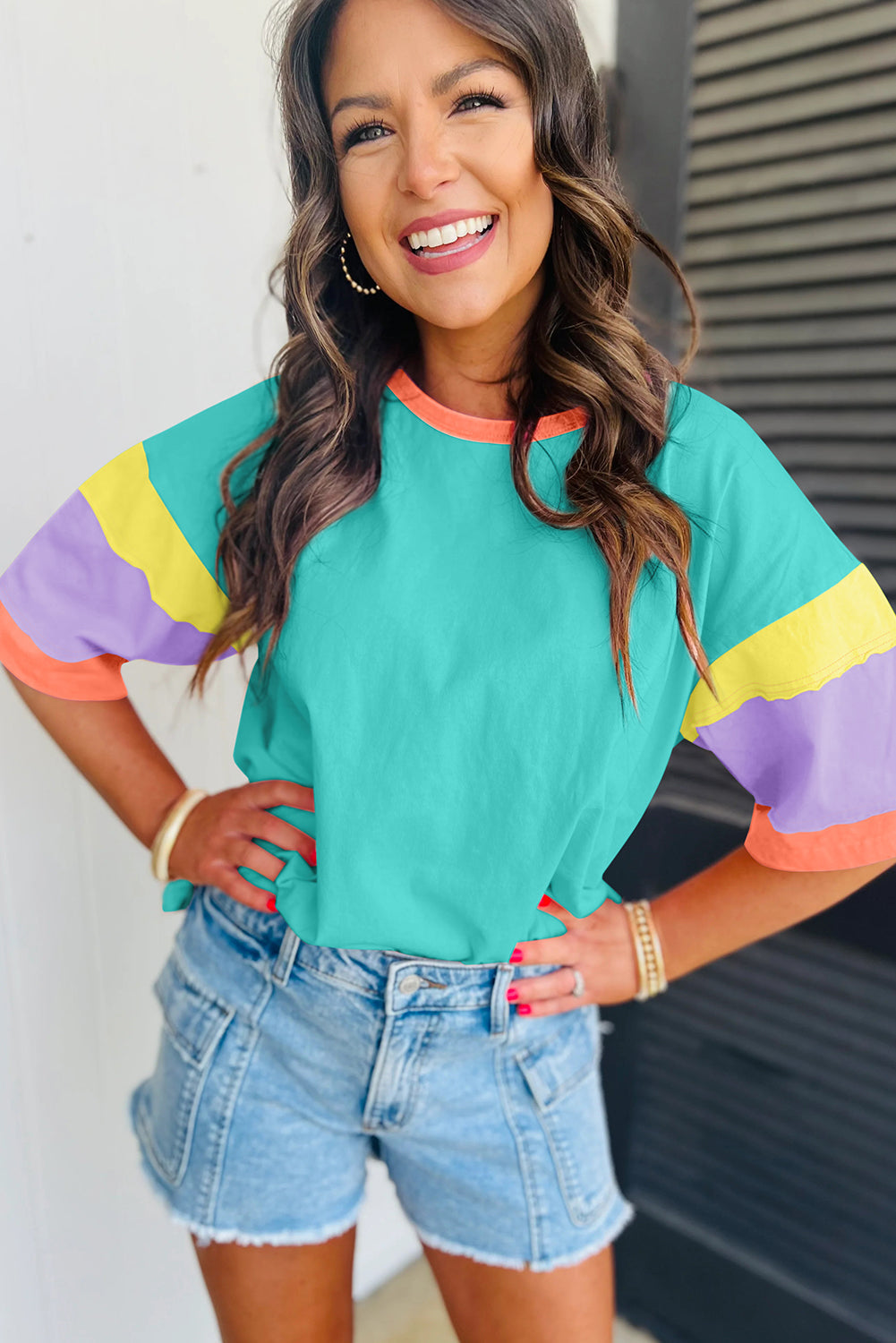TURQUOISE BRIGHT COLORBLOCK SHORT SLEEVE TOP