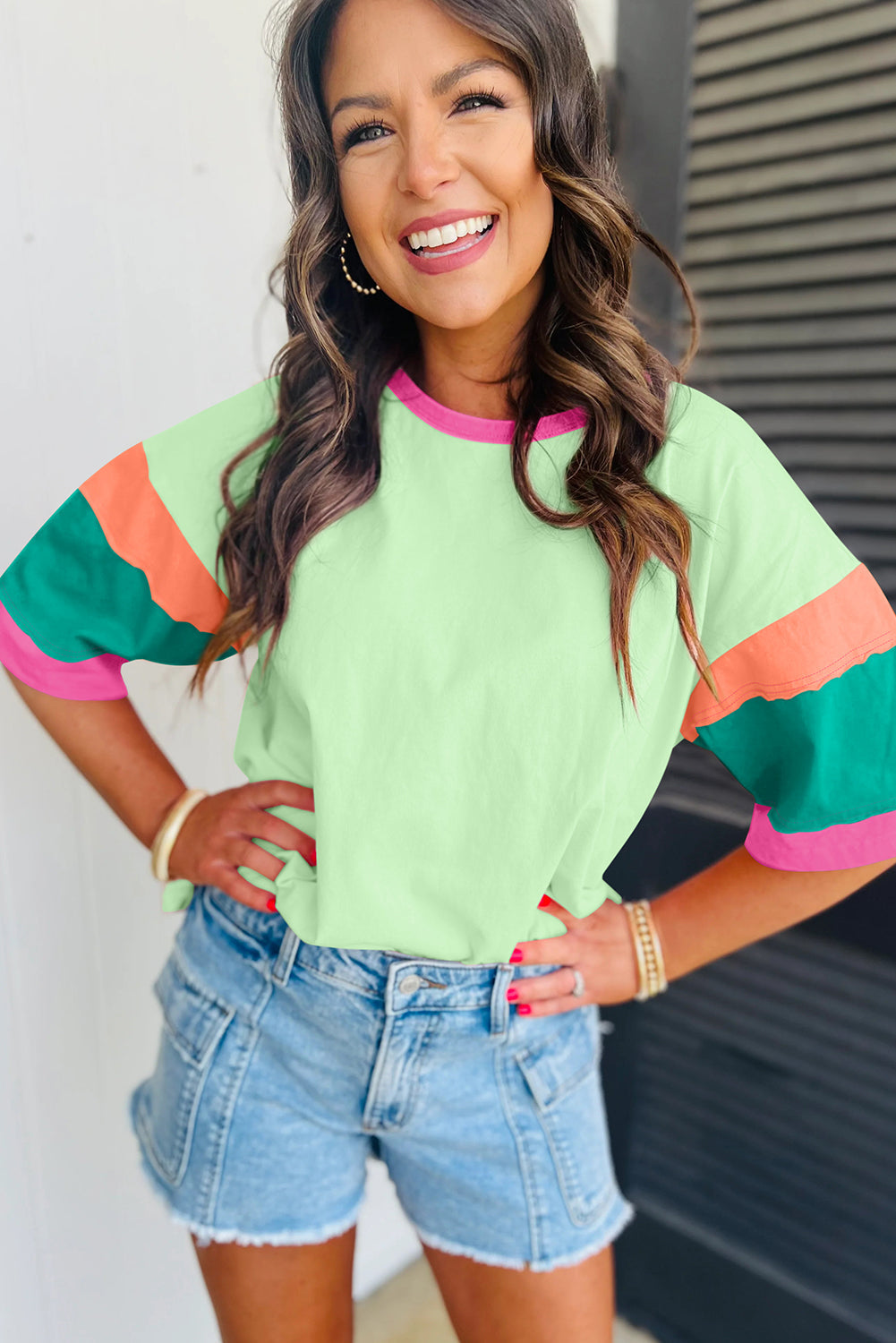 GREEN BRIGHT COLORBLOCK SHORT SLEEVE TOP