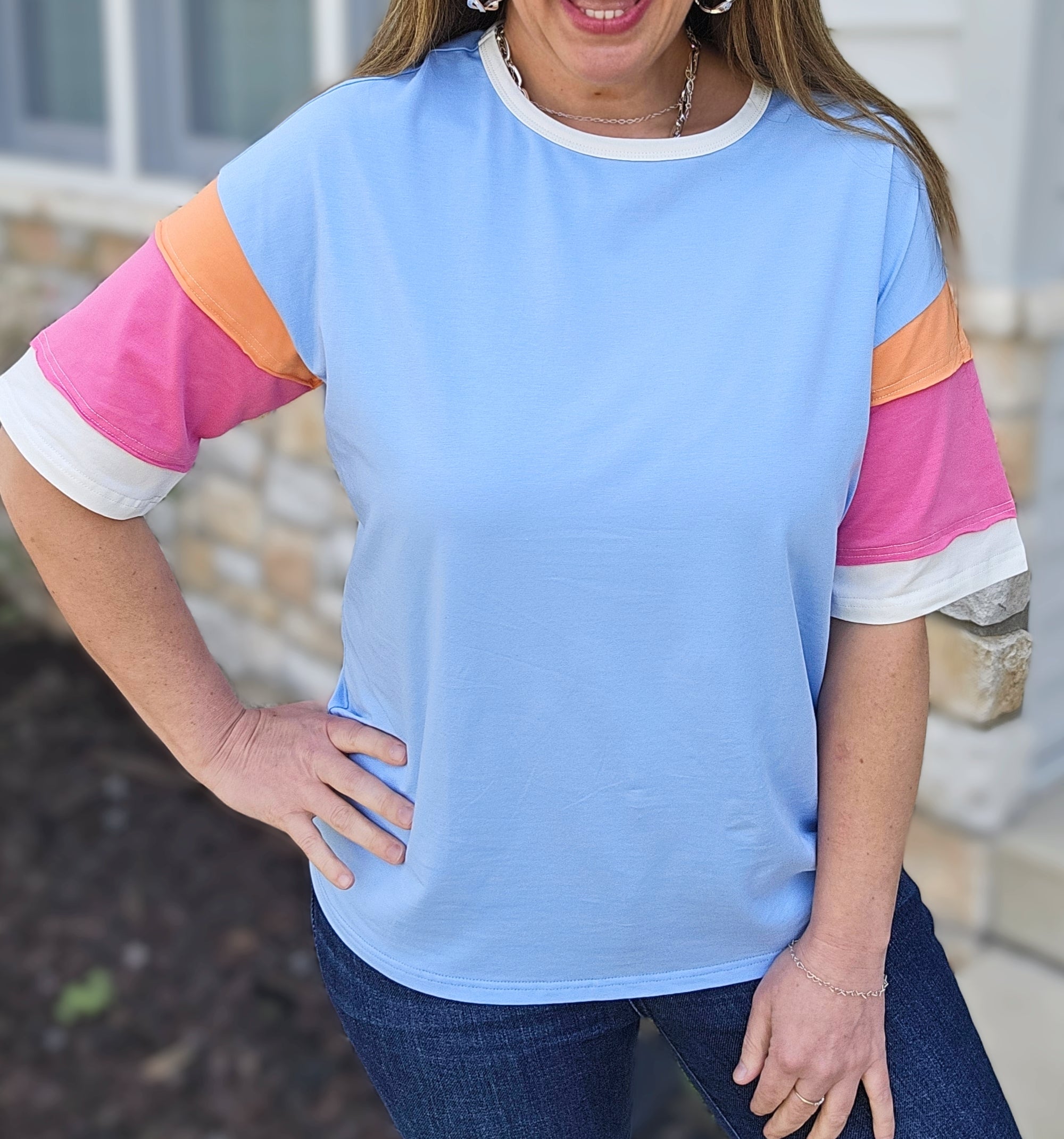 BLUE BRIGHT COLORBLOCK SHORT SLEEVE TOP