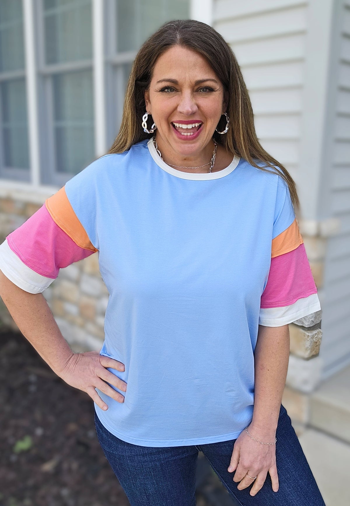 BLUE BRIGHT COLORBLOCK SHORT SLEEVE TOP