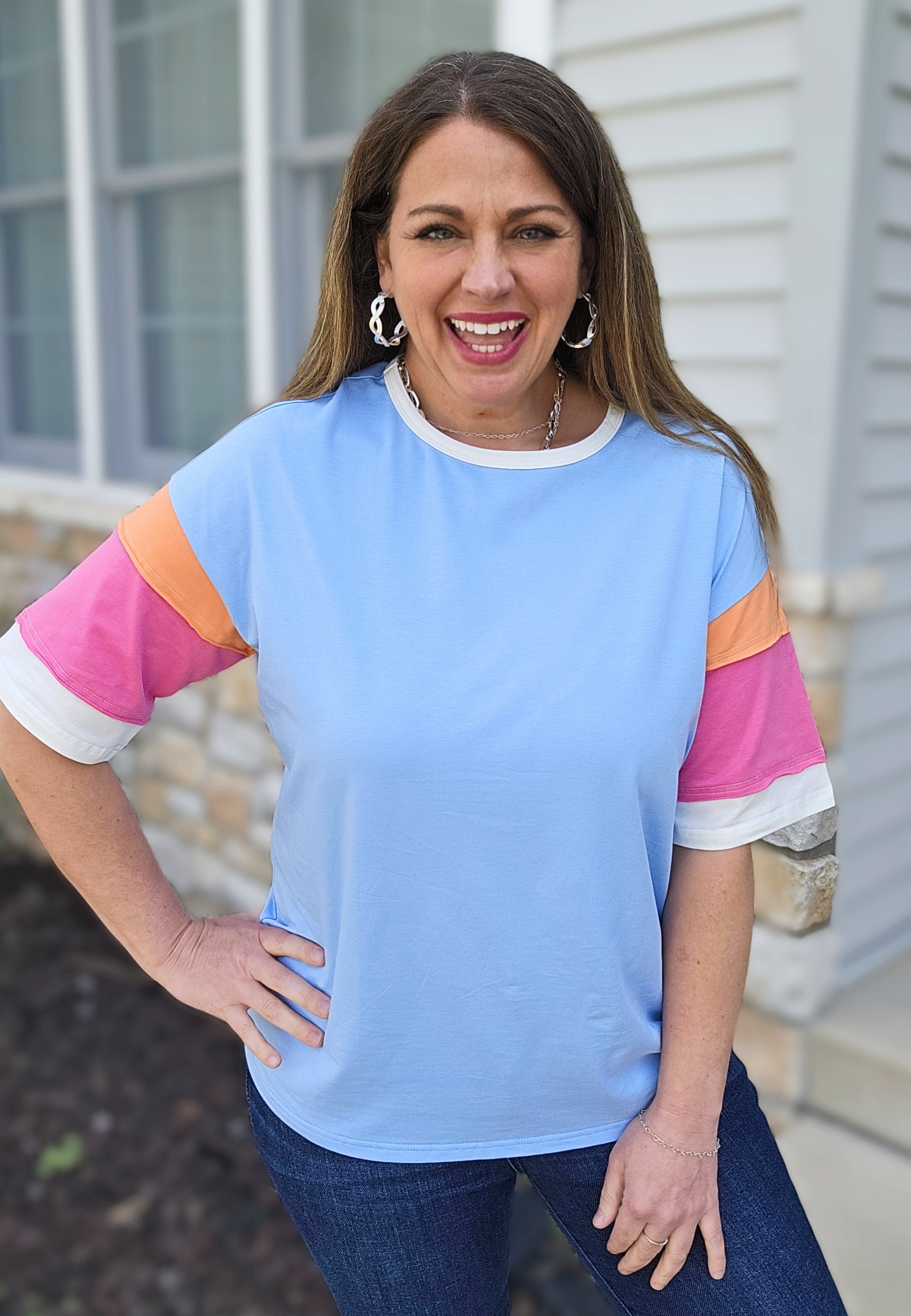 BLUE BRIGHT COLORBLOCK SHORT SLEEVE TOP