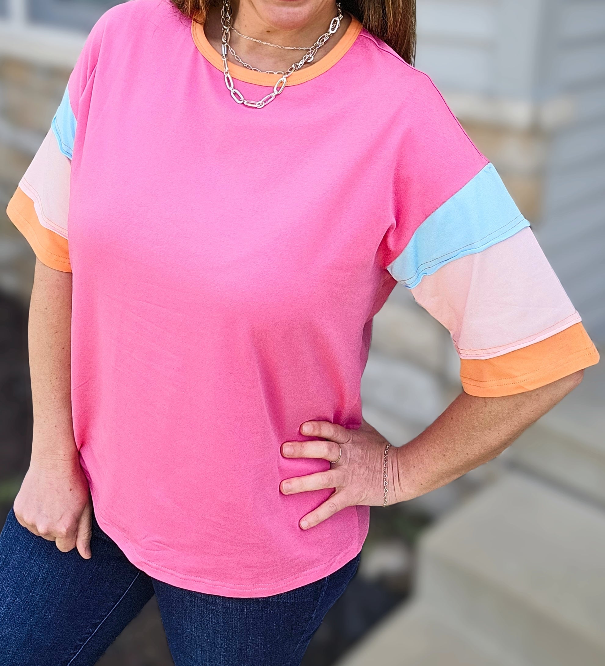 HOT PINK BRIGHT COLORBLOCK SHORT SLEEVE TOP