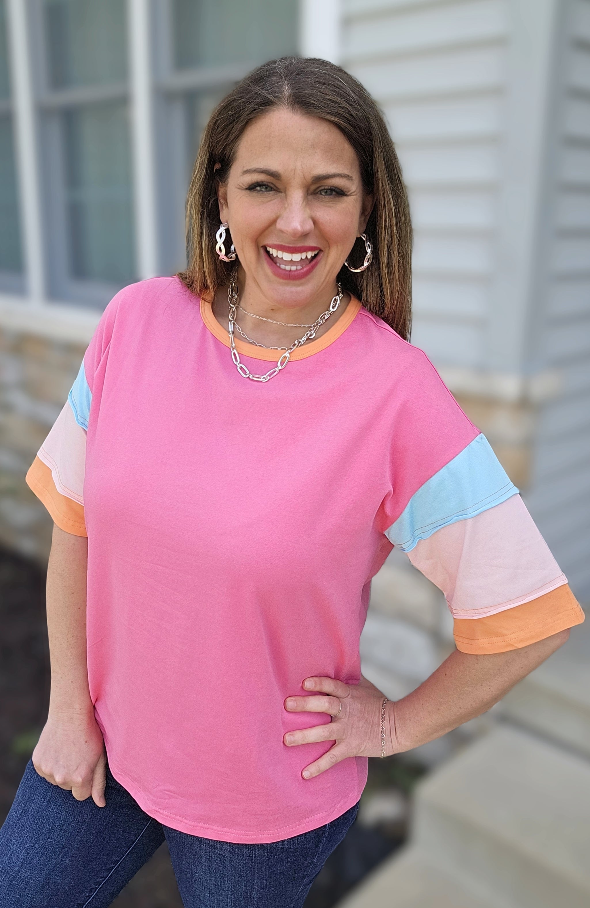 HOT PINK BRIGHT COLORBLOCK SHORT SLEEVE TOP